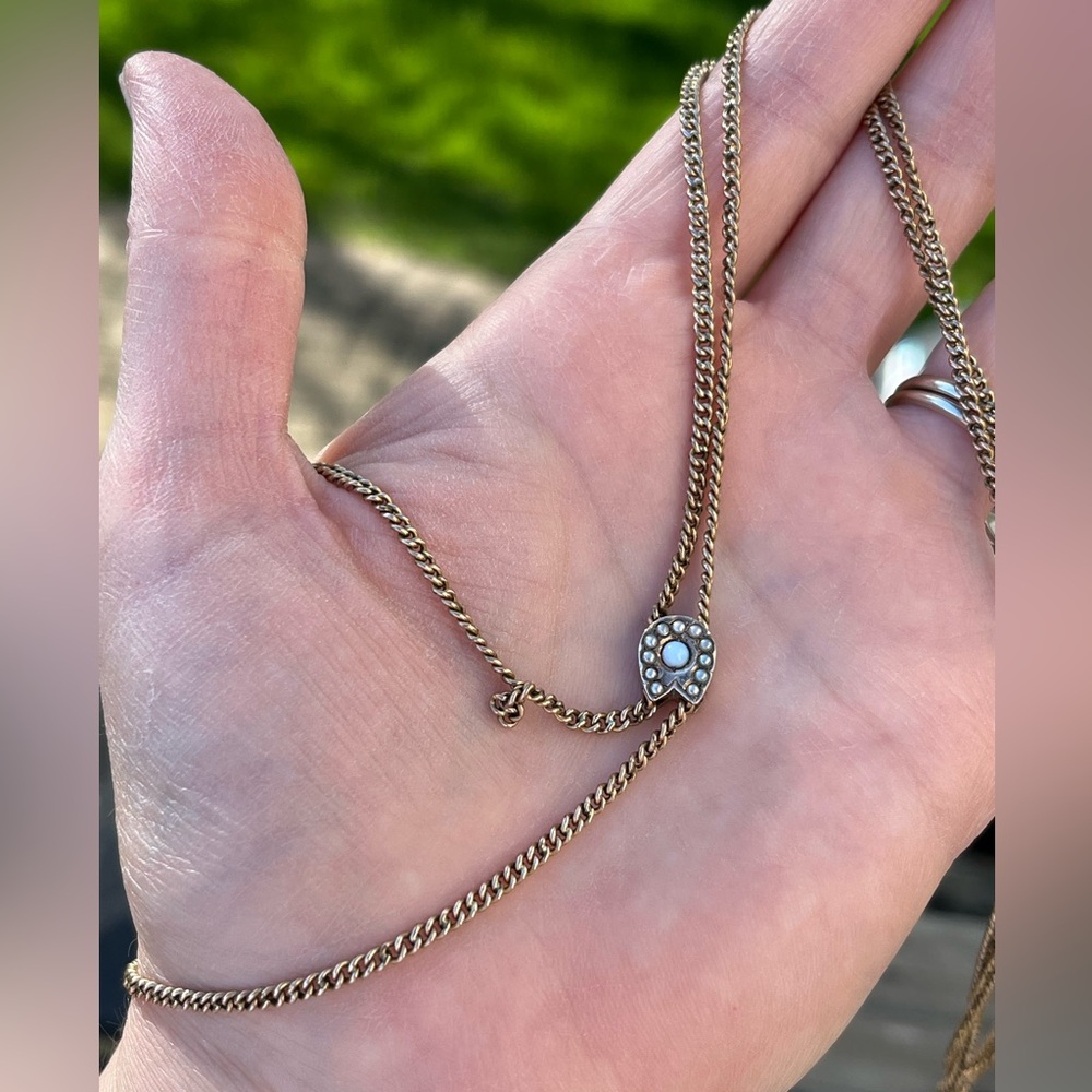 Vintage Gold Filled Curb Watch Chain with Horseshoe Opal Slide Charm- 24” - Picture 7 of 12